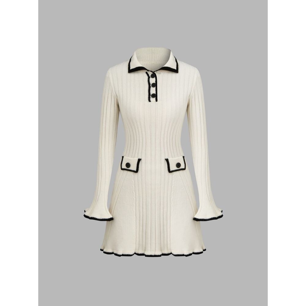 013 So Me Knit Collar Contrasting Binding Lettuce Trim Mini Dress